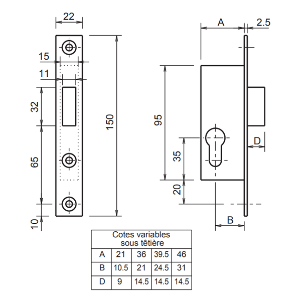 Serrure à encastrer 1 point pêne dormant seul - Metalux 14 - coffre 21 x 95 mm - axe 10.5 mm