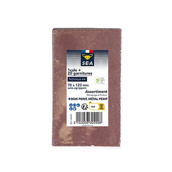 Cale de ponçage manuel SEA avec 20 feuilles abrasives pour bois ou métal peint - 72x123mm - grain 40, 80 et 120