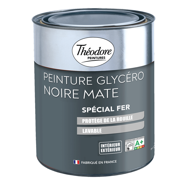 Peinture glycéro antirouille spéciale fer - Théodore Peintures - Noir mat - Pot de 0,5L