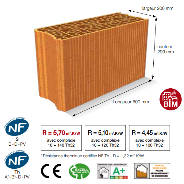 Brique  Porotherm Homebric pour maison individuelle - RC 80 - R = 1,30 m².K/W - 500,0 MM x 200 MM x 299,0 MM
