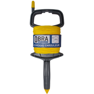 Enrouleur de cordeau de traçage Obra avec corde en polypropylène jaune tressé - longueur 100 m - Ø 1,5 mm