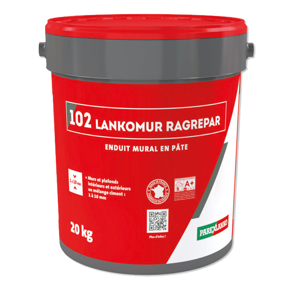 Enduit de ragréage mural en pâte - 102 Lankomur Ragrépar - épaisseur application 1 à 10 mm - seau de 20,0 KG