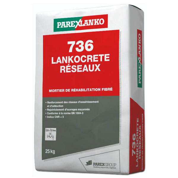 Mortier de réhabilitation fibré LANKOCRETE RESEAUX 736 - sac de 25 KG