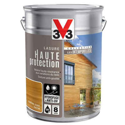 Lasure bois extérieur V33 - Résine haute protection - Chêne doré - Aspect satin - Pot 5L