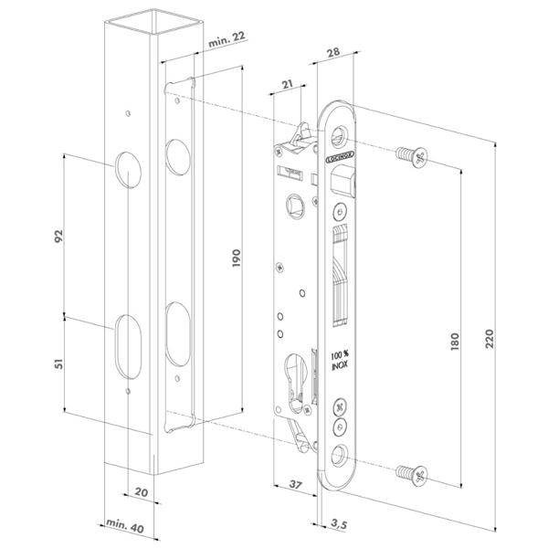 Serrure de portail à encastrer avec axe de 20 mm pour profils de 40 mm et plus - Locinox Fortylock - Inox