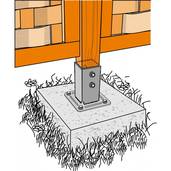Pied de poteau carré sur platine "prêt à fixer" largeur 91 mm hauteur 150 mm