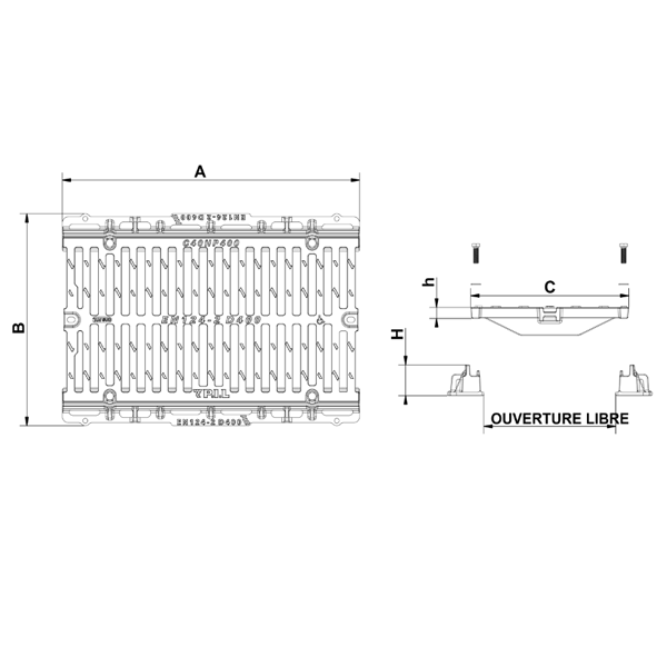 Grille de caniveau en fonte D400 PMR boulonnée sur longerons avec 4 vis inox - 750 x 615,0 mm