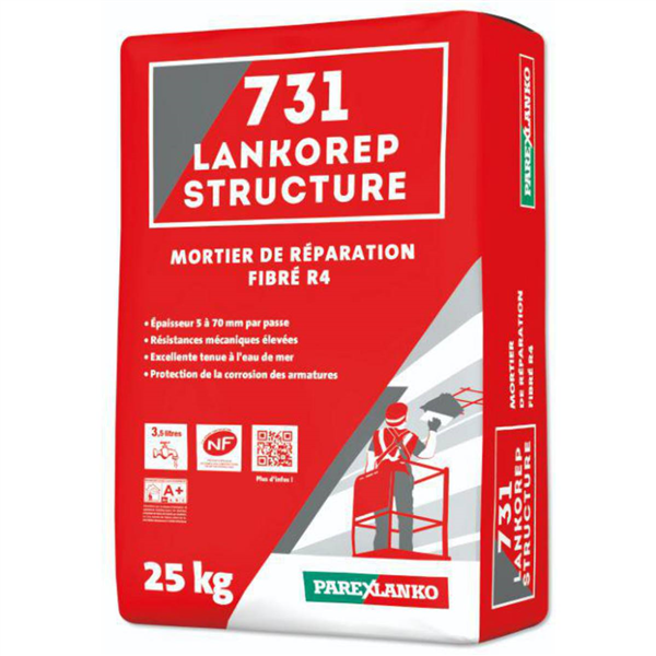 Mortier de réparation des bétons - fibré à retrait compensé - 731 Lankorep Structure 731 - Sac de 25 KG