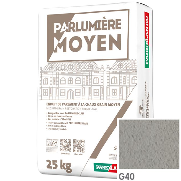 Enduit de parement à la chaux à grain moyen Parexlanko Parlumière - G40 Gris fumé - Sac de 25 KG