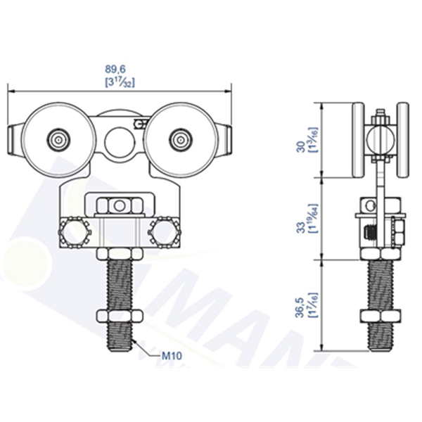 Monture fixation sur chant avec 4 galets charge 80 kg pour rail 35x30 - Lot de 2
