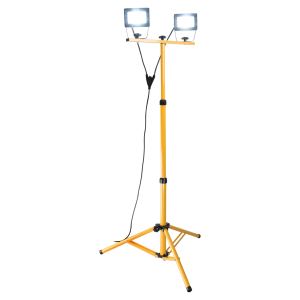 Projecteur chantier LED sur trépied 1,5 m en aluminium - 2 x 20 W - 3200 lm - IP65 - Câble de 3 m