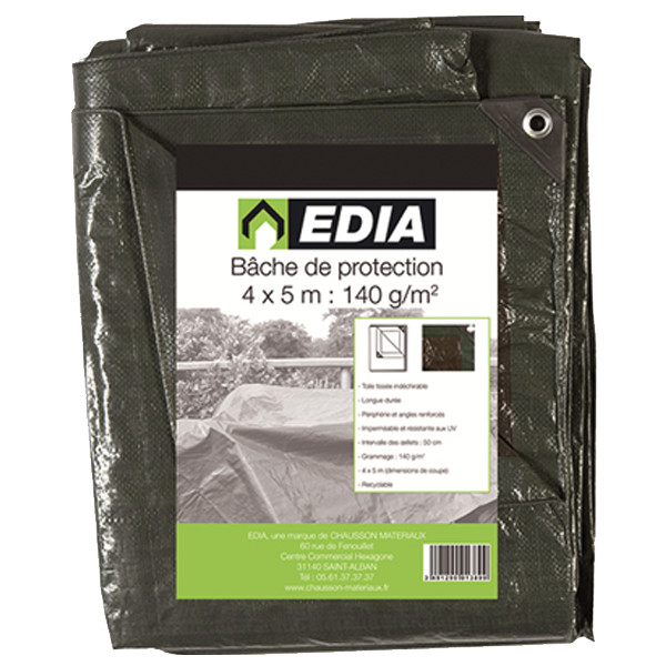 Bache de protection Edia imperméable vert 140 g/m² avec oeillet 4x5 m