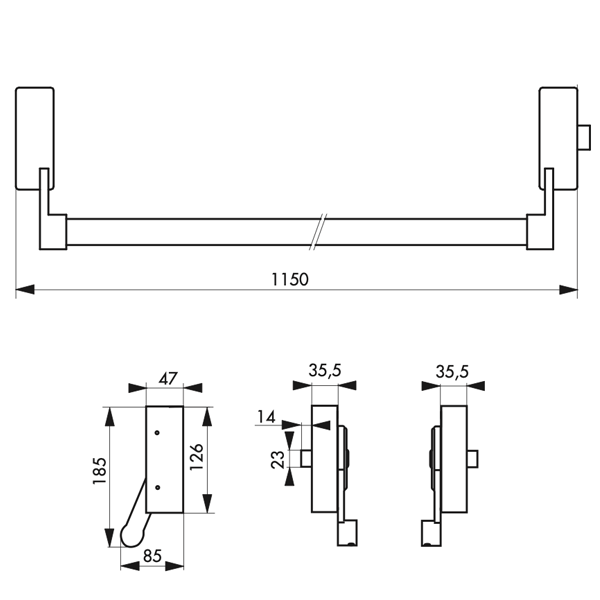 Serrure antipanique 1 point latéral Thirard D-CROSS - CE et coupe feu - réversible - blanche - porte 1150 mm max