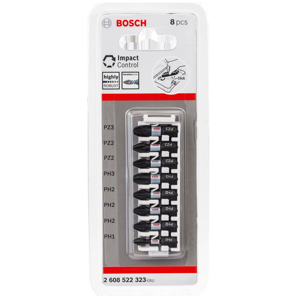 Pack de 8 embouts de vissage Bosch Impact Control Phillips PH et Pozidriv PZ 25 mm