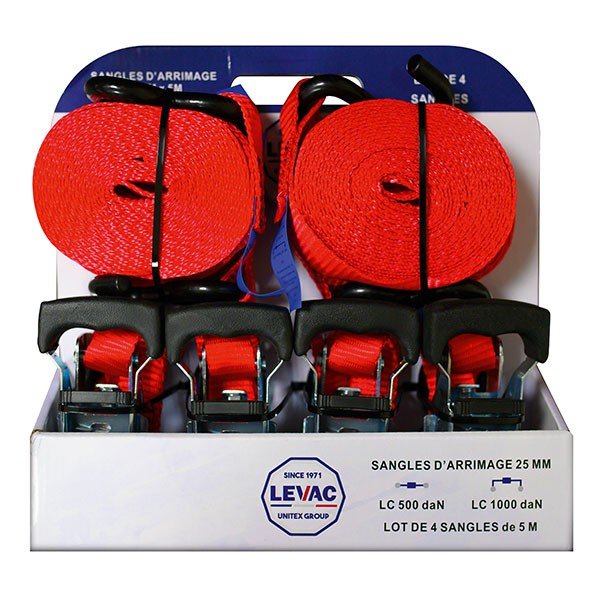 Sangle d'arrimage avec tendeur à cliquet et crochet en S - TMU 500 kg - longueur 5 mètres - largeur 25 mm - lot de 4