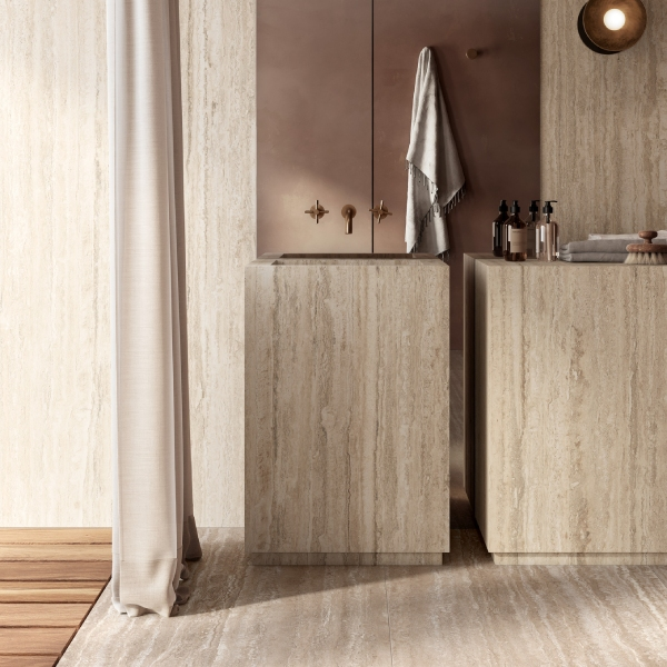 Carrelage effet pierre naturelle de travertin pour sol et mur R9 - Realstone Travertino Vein Noce rectifié - 150 x 75 cm - ép. 9 mm