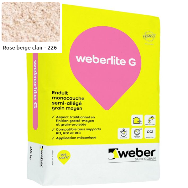 Enduit monocouche semi-allégé et coloré à grain moyen WeberLite G 226 Rose beige clair - sac de 25 KG