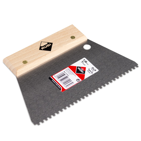 Peigne colle acier carreleur - Denture carrée 3x3 mm Rubi - Lame large 18 cm - Manche en bois