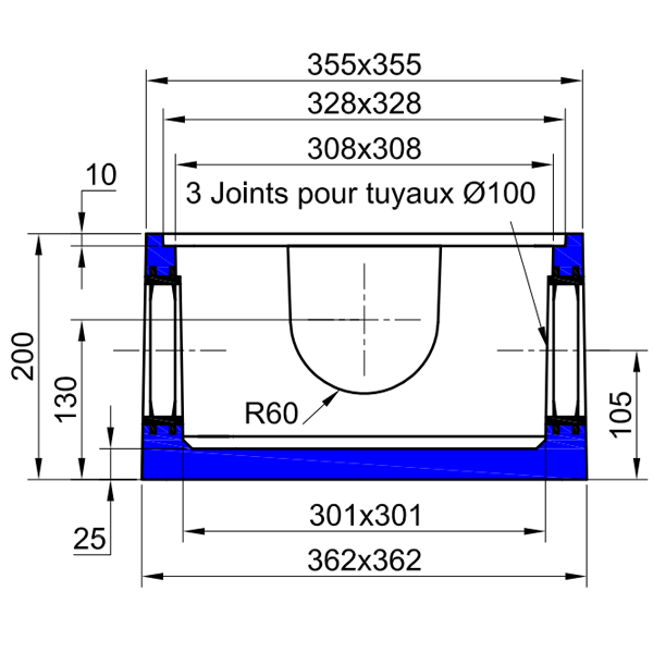 Boîte en béton pour eau pluviale - avec 3 joints souples pour tuyaux Ø 100 mm - dimensions intérieures 30x30 CM