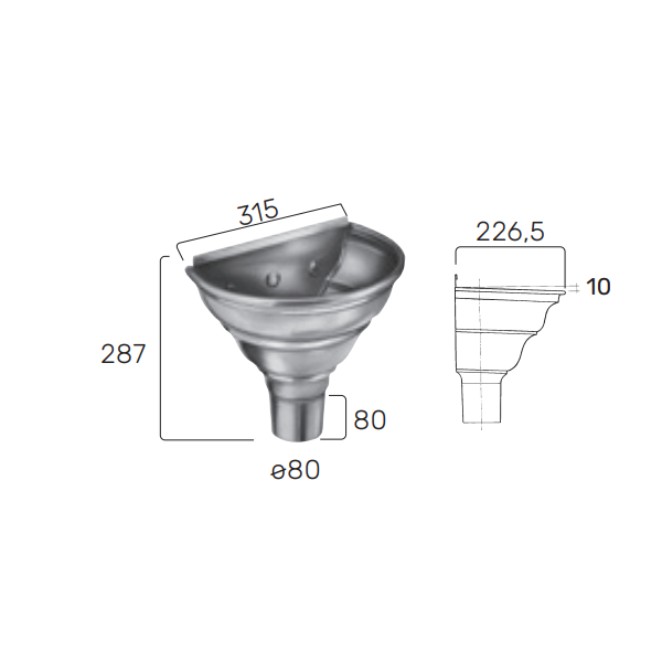 Cuvette demi-ronde de face en zinc naturel Rheinzink pour tuyau de descente de