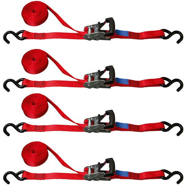 Sangle d'arrimage avec tendeur à cliquet et crochet en S - TMU 500 kg - longueur 5 mètres - largeur 25 mm - lot de 4