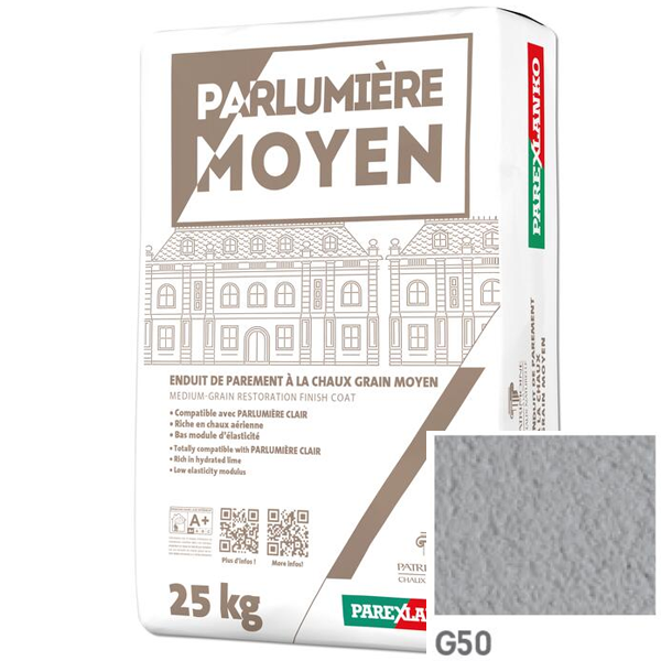 Enduit de parement à la chaux à grain moyen Parexlanko Parlumière - G50 Gris cendre - Sac de 25 KG