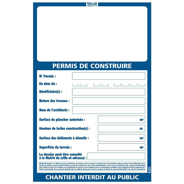 Panneau permis de construire grand modèle 1200 x 800 mm Taliaplast