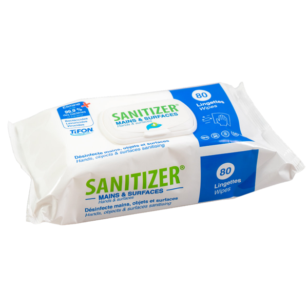Lingette désinfectante pour mains et surfaces - Sans rinçage - Sanitizer - Sachet de 80 lingettes
