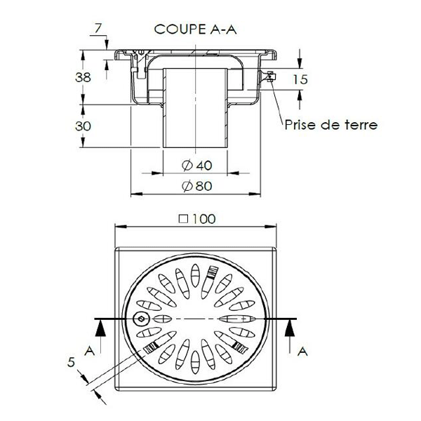 Siphon de douche en inox - cloche avec garde d'eau de 15 mm - 100 x 100 mm - sortie verticale 40 mm