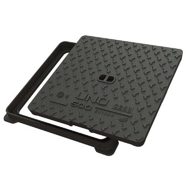 Regard de visite carré en fonte Uno 500 C250 NF avec surface antidérapante et garde anti-odeur - ouverture libre 400,0 mm x 400,0 mm