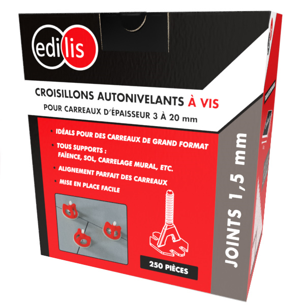 Croisillon autonivelant à vis pour carreaux d'épaisseur 3 à 20 mm - Edilis - joint de 2 MM - Boîte de 250