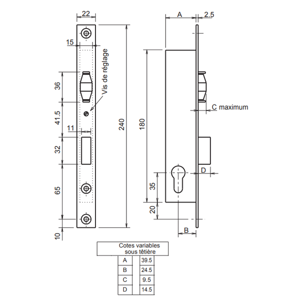 Serrure à larder à cylindre - axe à 24.5 mm - pêne dormant et rouleau - pour gâche électrique Metalux 8