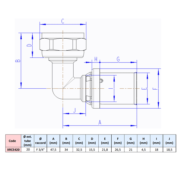 Raccord coudé à sertir avec écrou tournant F 3/4" pour tubes multicouches Ø20