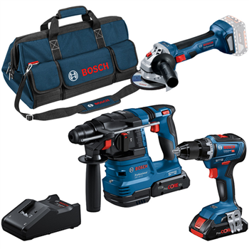 Ensemble de 3 machines Bosch GSR 18V-55 GWS 18V-7 et GBH 18V avec 2 batteries 4 Ah et chargeur