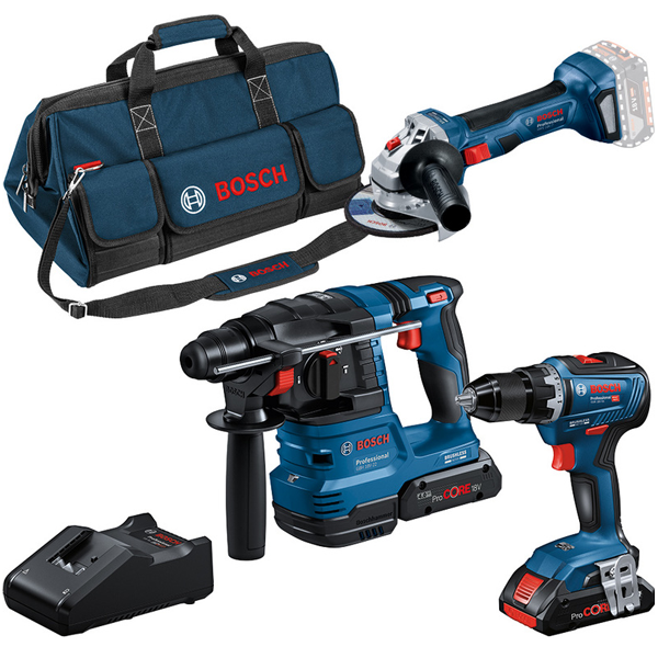 Ensemble de 3 machines Bosch GSR 18V-55 GWS 18V-7 et GBH 18V avec 2 batteries 4 Ah et chargeur