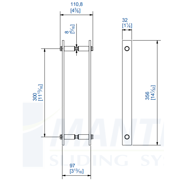 Poignée double bâton Mantion RD-5B pour porte coulissante Roc Design - acier noir - 356 x 32 mm