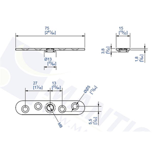 Platine pour fixation Cadette sur chant 75 x 15 mm
