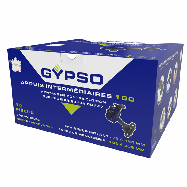 Appui intermédiaire réglable Gypso 160 pour fourrure F45 ou F47 - isolant de 75 à 160 MM - Boîte de 40