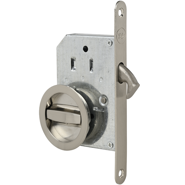 Kit serrure et poignées cuvettes Yale pour porte coulissante à condamnation - finition nickel brossé - axe à 50 mm
