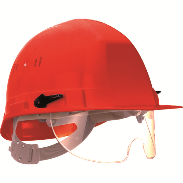 Casque de chantier Visiocéanic 2 en PE HD anti-UV avec lunette escamotable anti-choc - rouge
