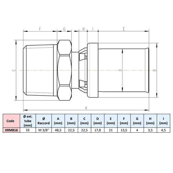 Raccord multicouche mâle fixe à sertir pour tubes multicouches XR - Ø16 x M 3/8"
