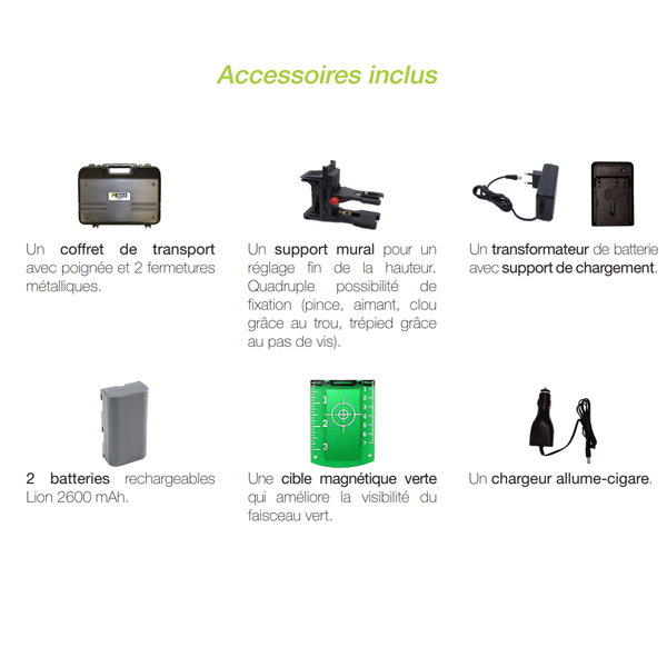 Niveau laser vert 3 plans pendulaire 360° Edia 3PV360 avec 2 batteries - portée de 40 m - IP54