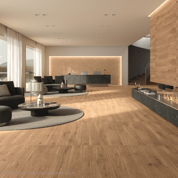 Carrelage effet bois en grès cérame pour sol et mur intérieur - Log - 120 x 20 cm - ép. 9 mm - Amber Oak