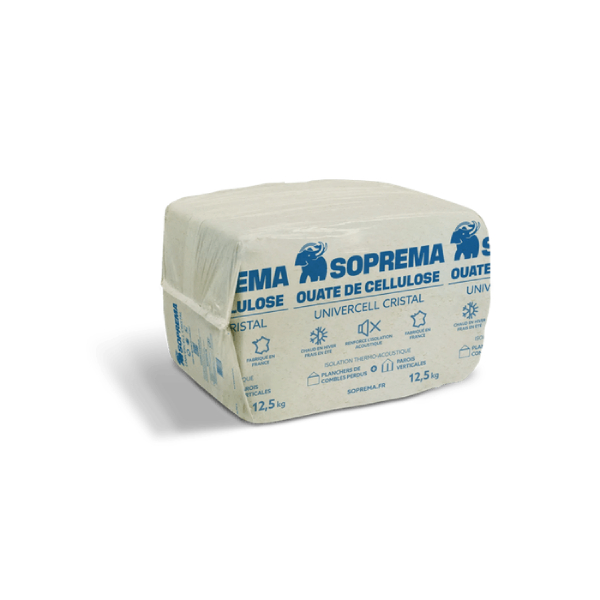 Ouate de cellulose Univercell Cristal Soprema - isolation thermo-acoustique planchers combles perdus -