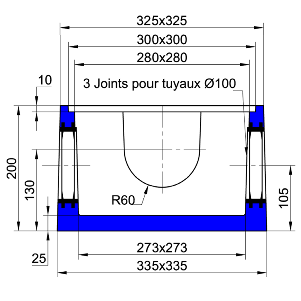 Boîte allégée pour eau pluviale Bepal en béton avec 3 joints souples - dimensions intérieures 25x25 CM