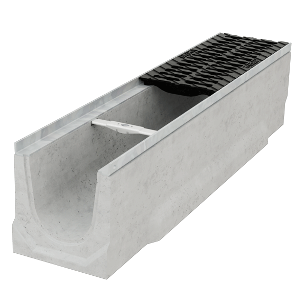 Caniveau en béton E600 BIRCOlight largeur 150,0 mm avec feuillures acier galvanisé et grille fonte double fentes C250 PMR - 1000 mm