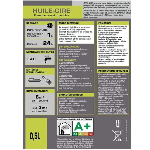 Huile cire de protection contre l'eau Cecil HPX pour plan de travail et meuble en bois - aspect naturel - 1 L