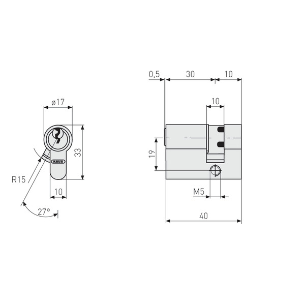 Demi-cylindre de sécurité Abus E50 à 5 goupilles pour serrure à profil européen - 3 clés - 30 x 10 mm