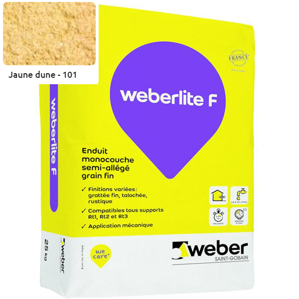 Enduit monocouche semi-allégé et coloré à grain fin WeberLite F 101 Jaune dune - sac de 25 KG