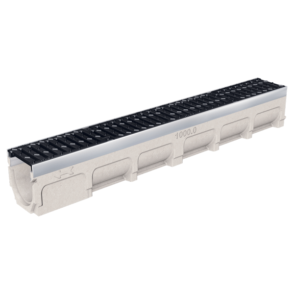 Caniveau en béton polymère MEADRAIN SV 1000 avec feuillures acier galvanisé et grille fonte C250 - Largeur 100,0 mm - Longueur 1 m